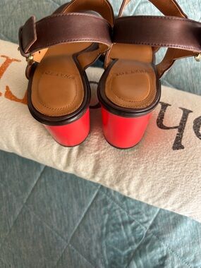 Brown Leather Platform Sandals with Bold Red Block Heel